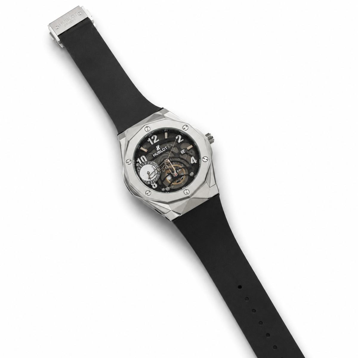 Watch with black strap and silver case on a white background