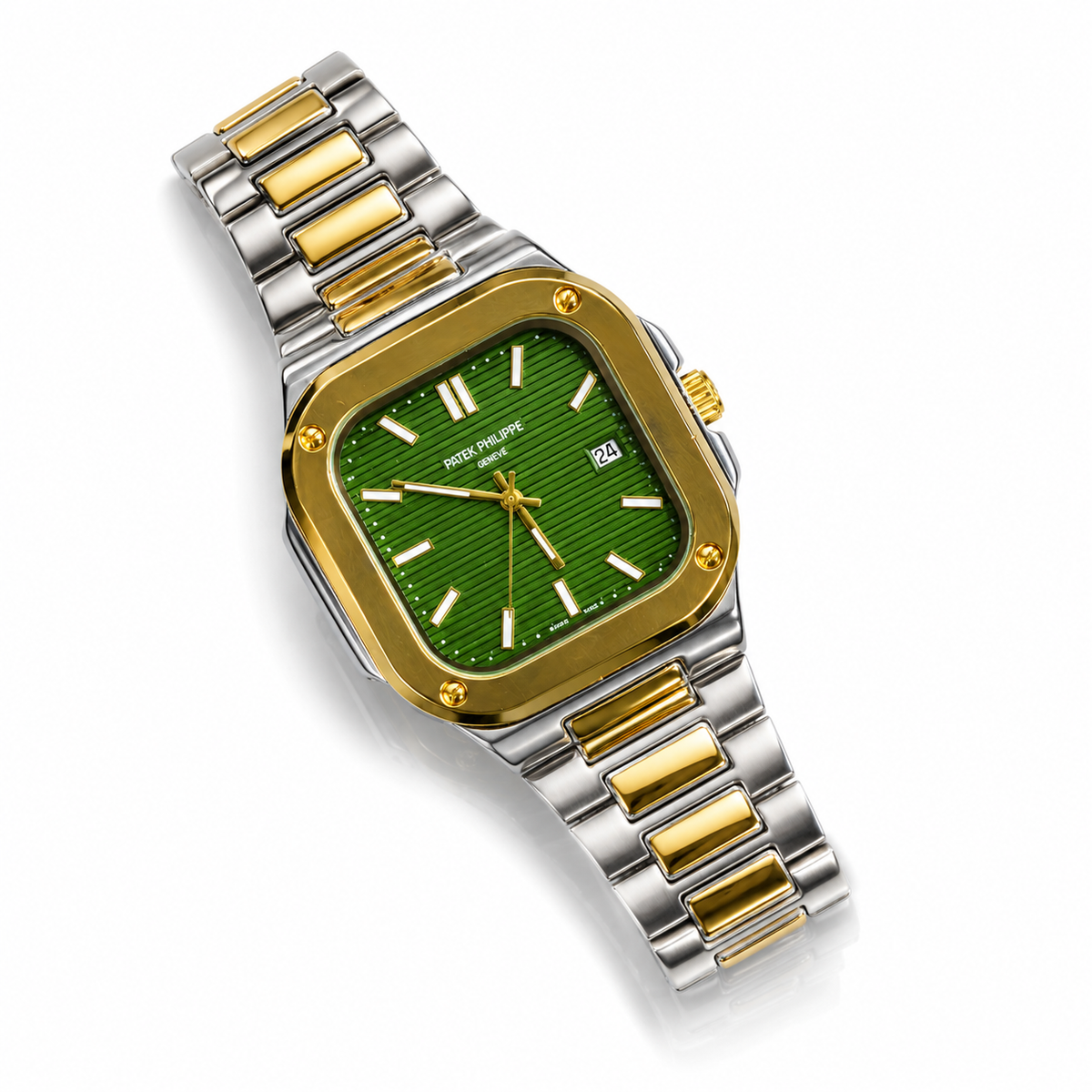 Watch with green face and gold and silver metal band on white background