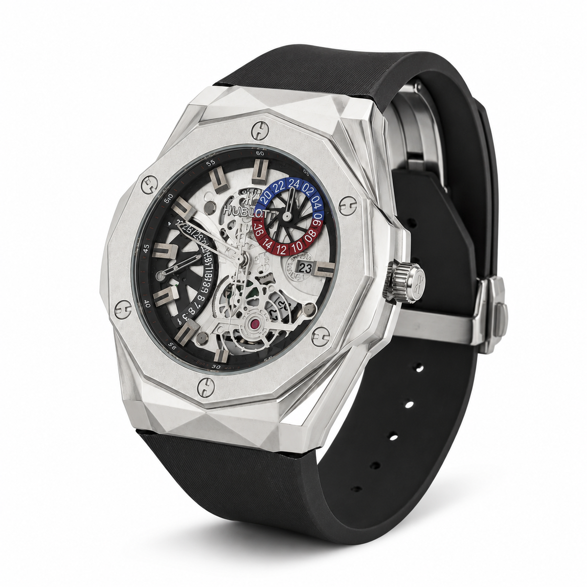 Luxury watch with a black strap and silver case on a white background