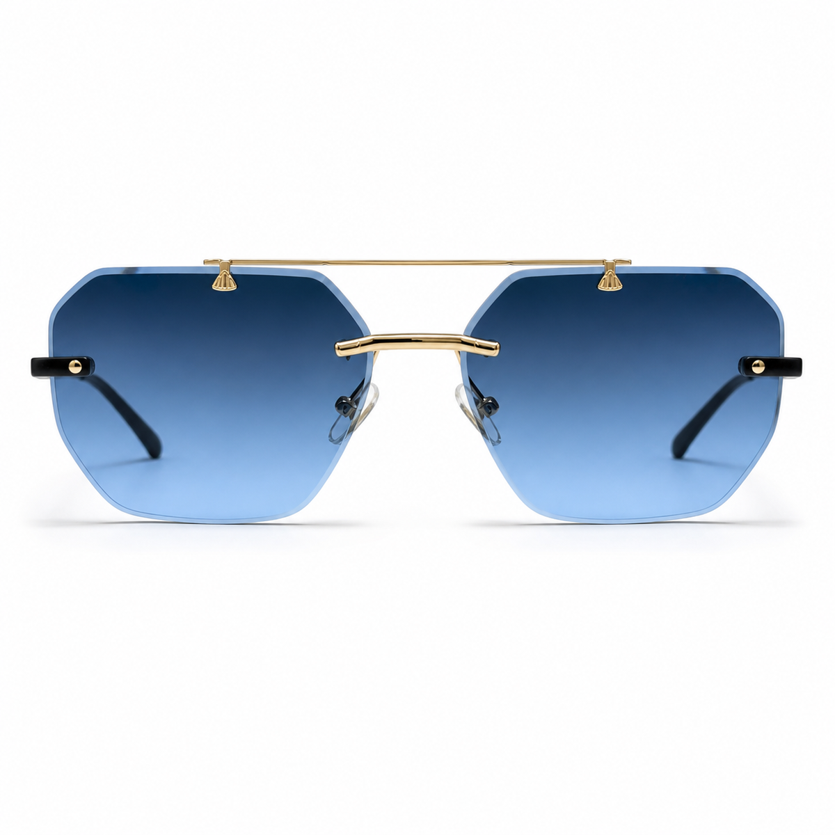 Sunglasses with blue gradient lenses and gold frame on a white background