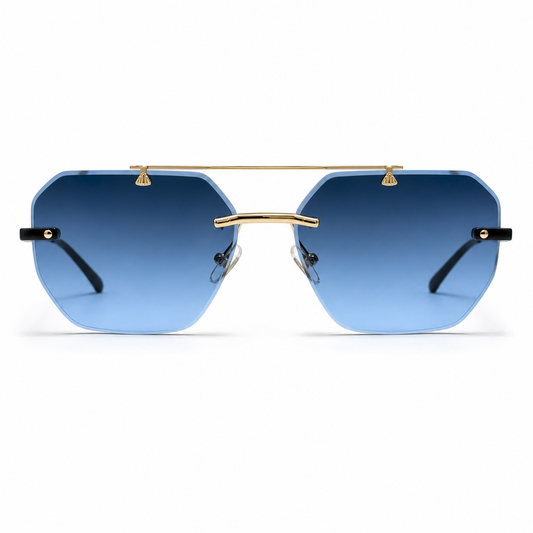 Sunglasses with blue gradient lenses and gold frame on a white background