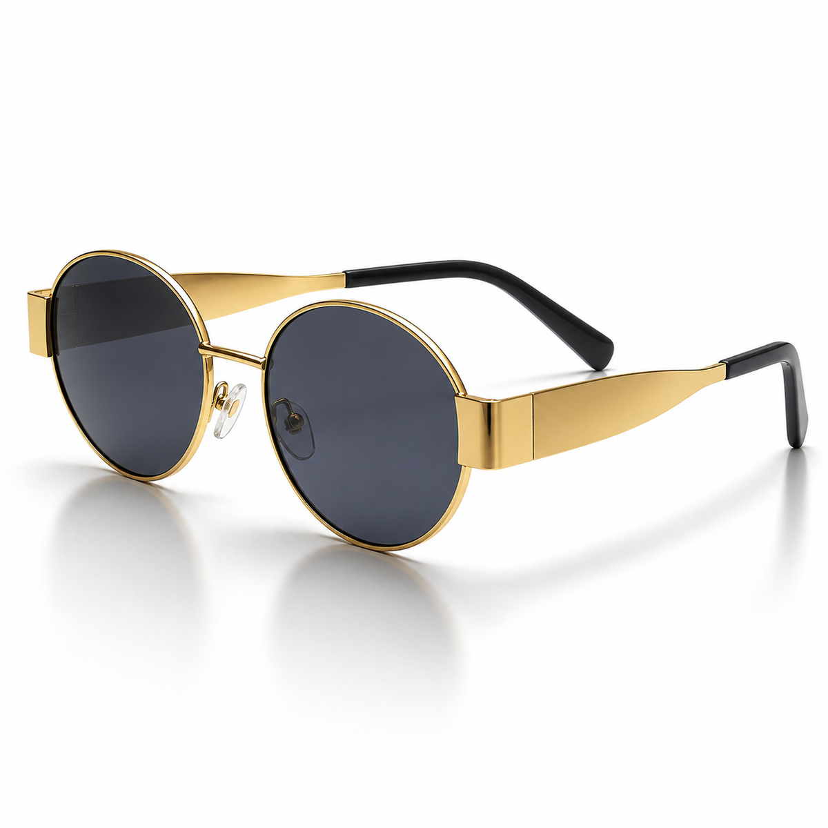 Side view of gold oval sunglasses by Wajhi Legacy