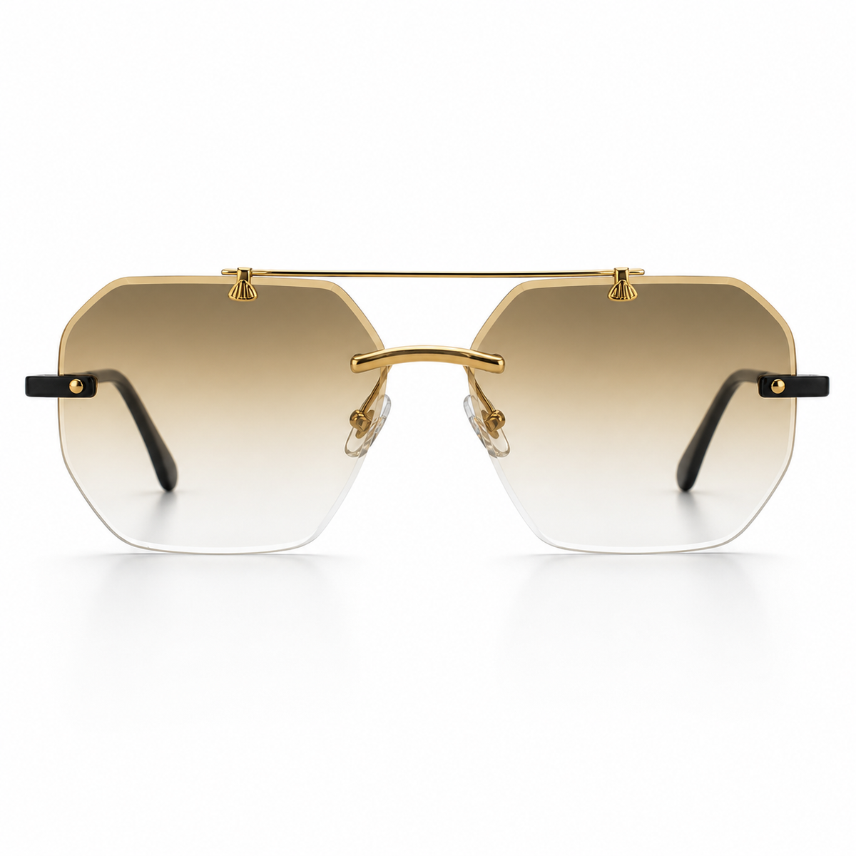 Gold-framed sunglasses with gradient lenses on a white background