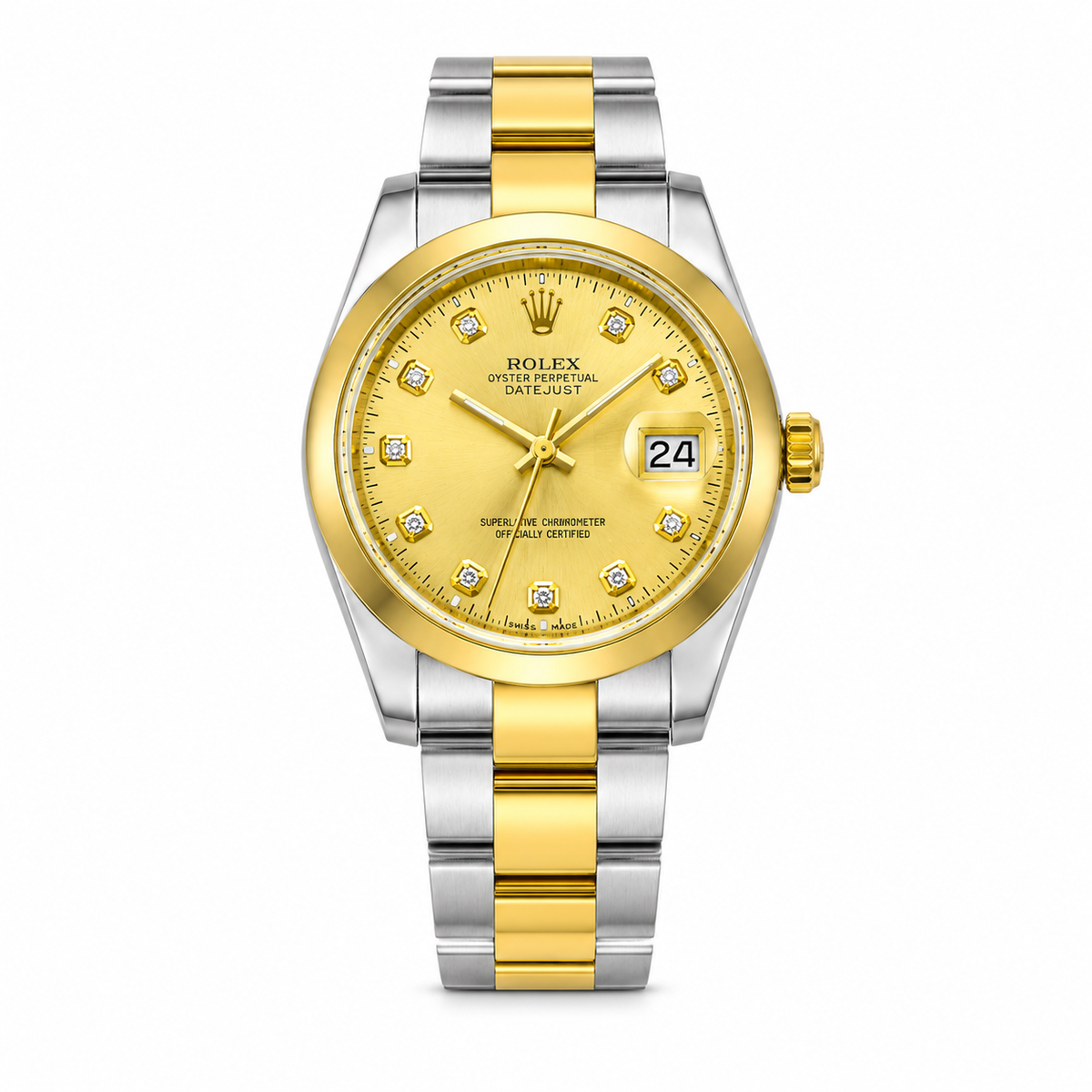Two-tone gold and silver watch with diamond-studded face on a white background