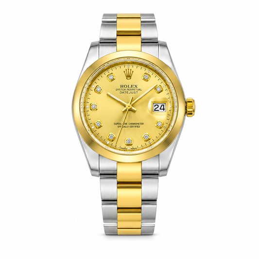 Two-tone gold and silver watch with diamond-studded face on a white background