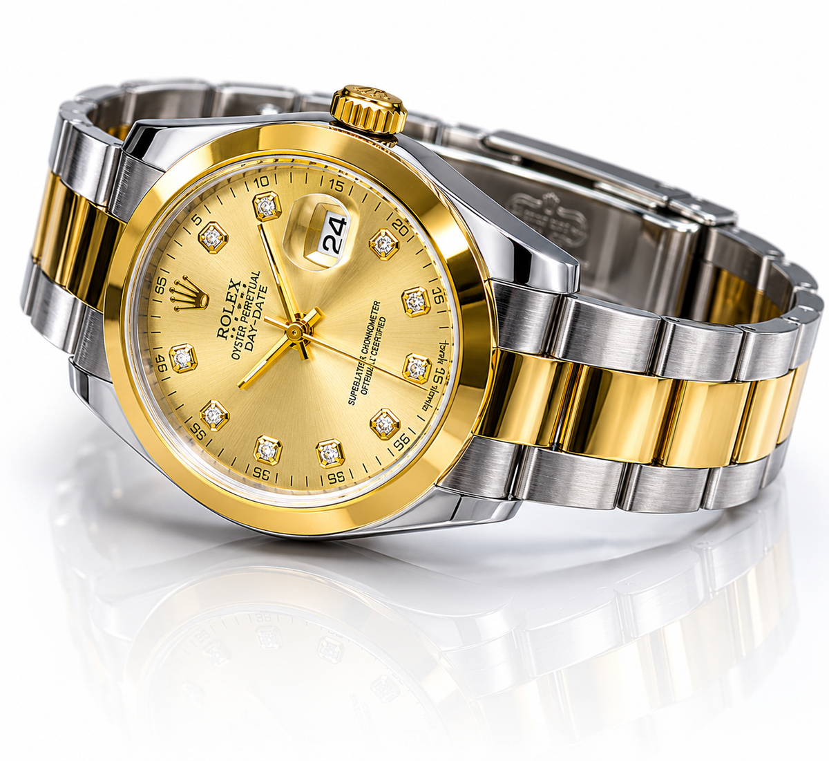 Luxury two-tone watch with gold and silver band on a white background