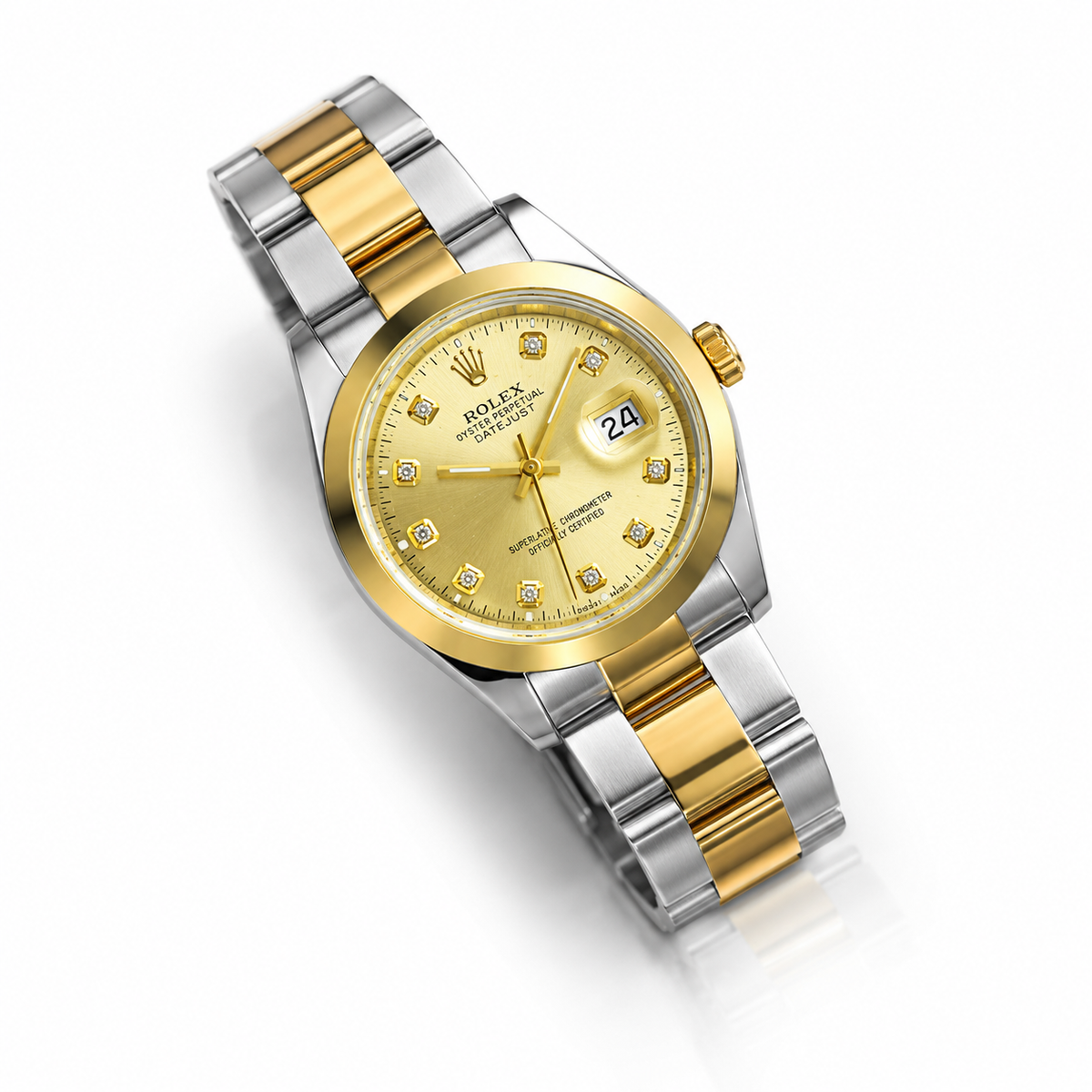 Two-tone gold and silver watch with a diamond-studded face on a white background
