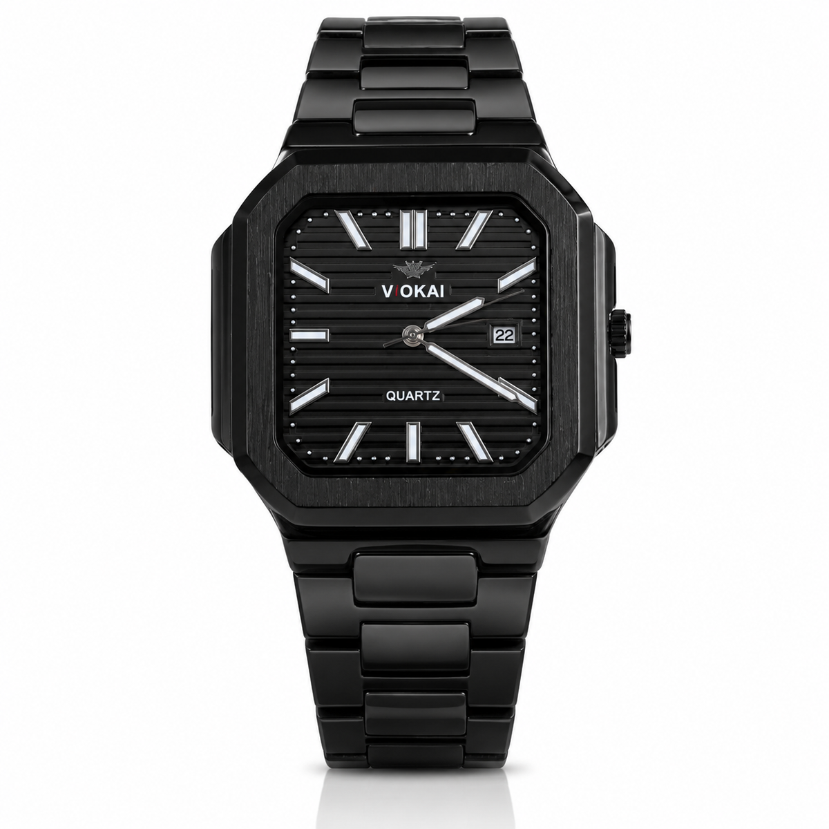 Black wristwatch with 'VOKAI' branding on a white background