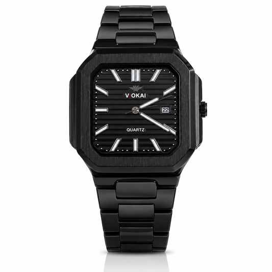 Black wristwatch with 'VOKAI' branding on a white background