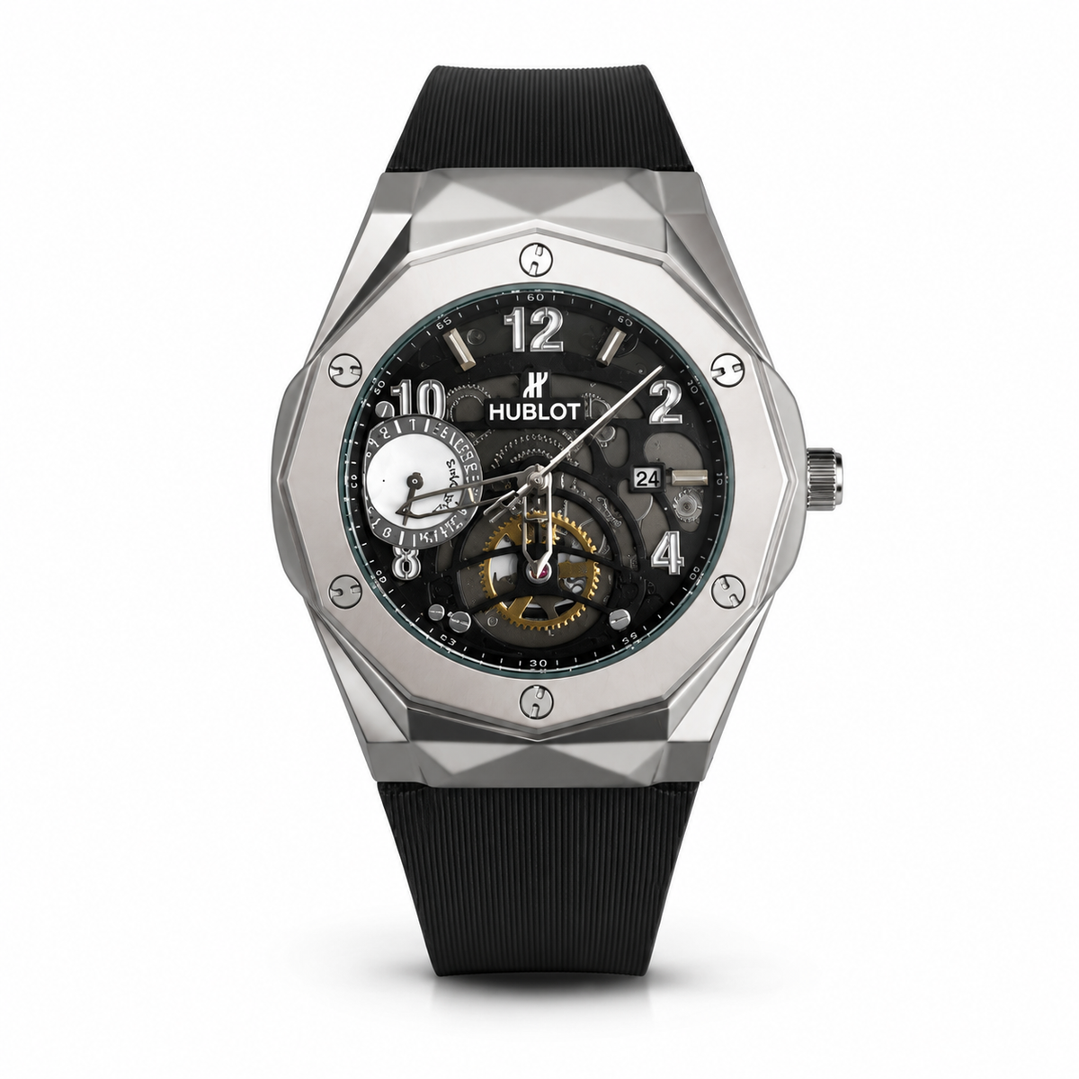 Hublot watch with black strap and detailed face on a white background