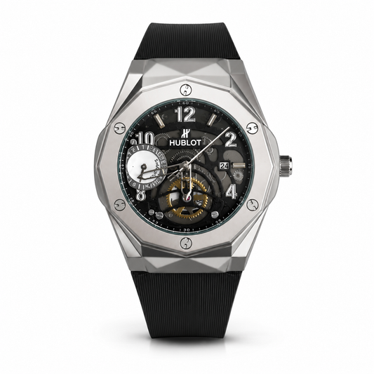 Hublot watch with black strap and detailed face on a white background