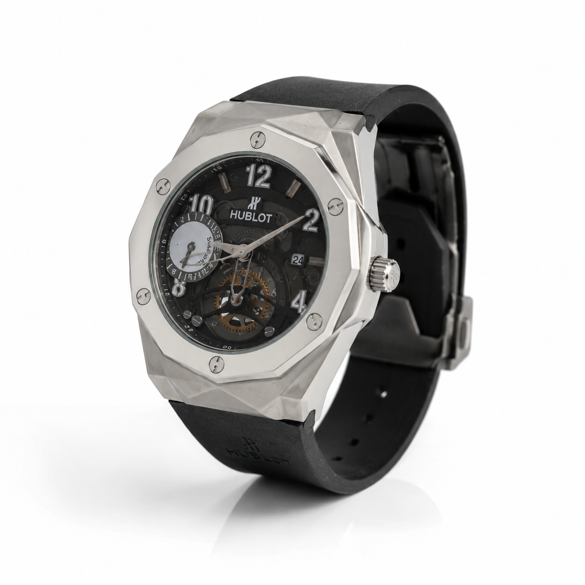 Hublot watch with black strap and silver case on a white background