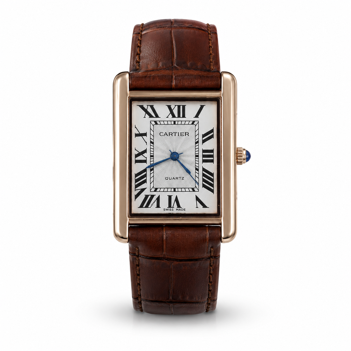 Cartier watch with brown leather strap and gold case on white background