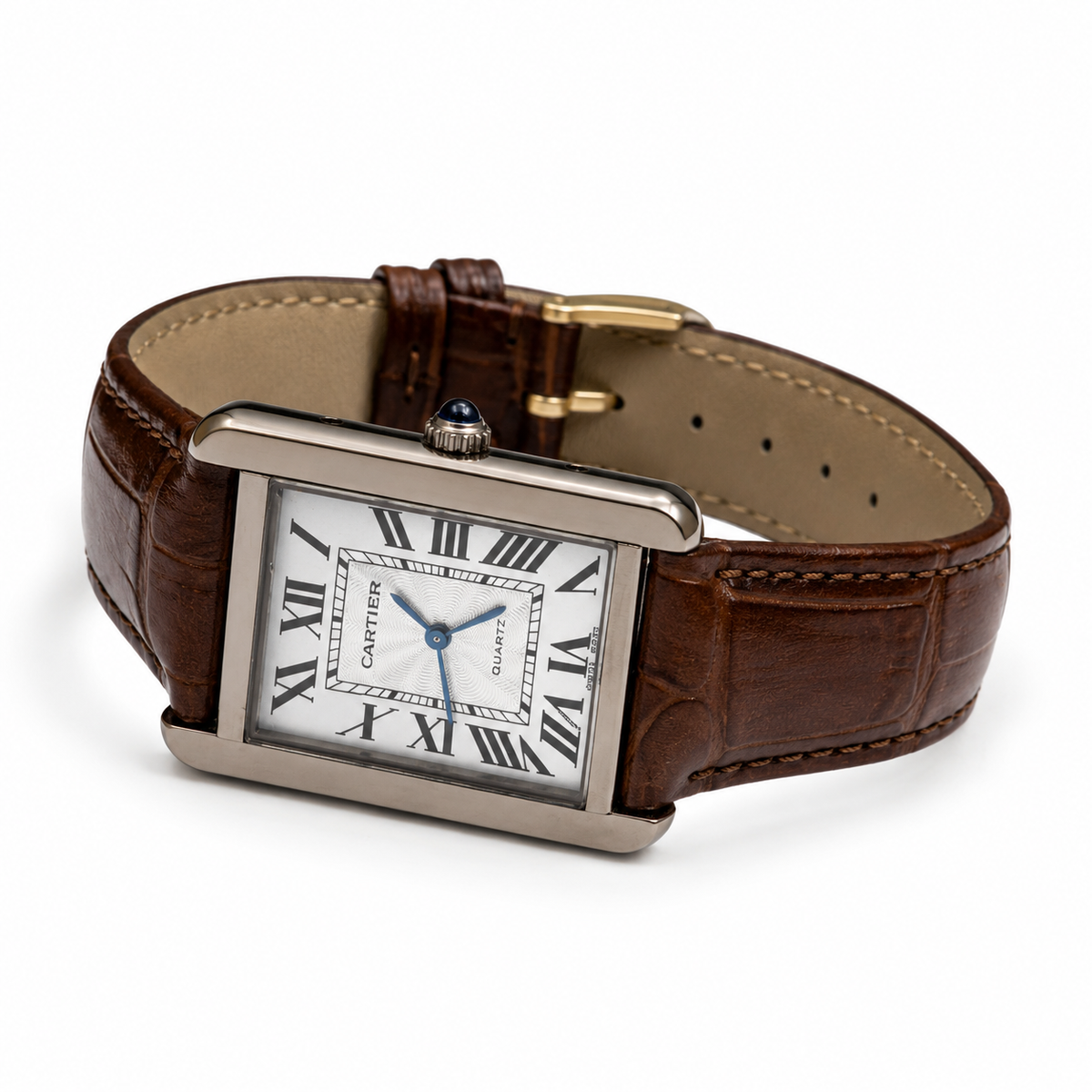 Cartier watch with brown leather strap on a white background