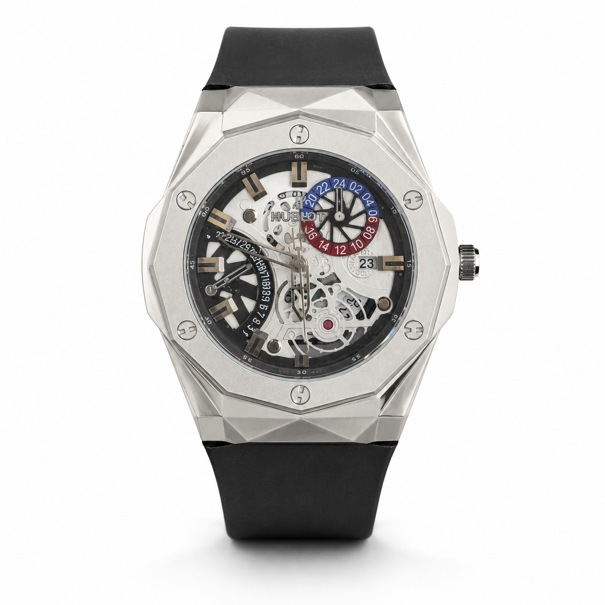 Luxury watch with a black strap and silver case on a white background
