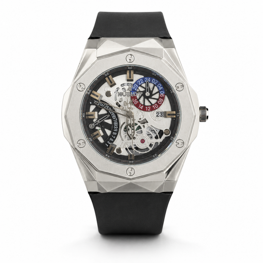Luxury watch with a black strap and silver case on a white background
