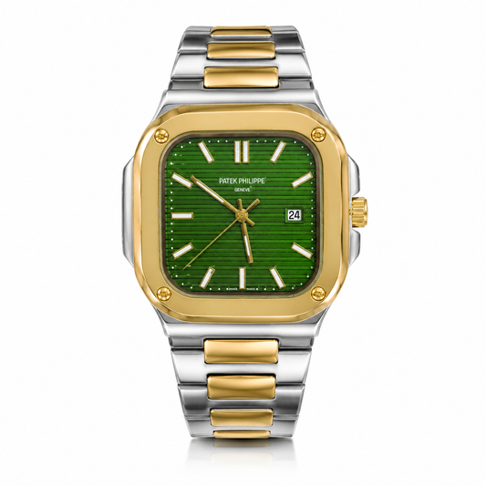Luxury watch with green face and gold and silver band on white background