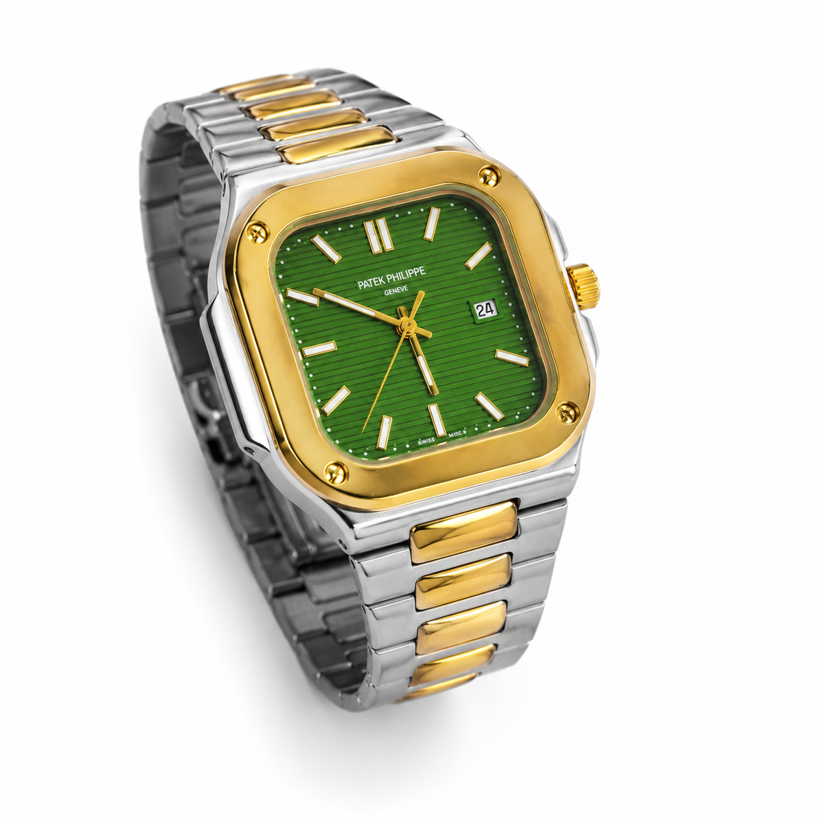 Two-tone silver and gold watch with a green face on a white background