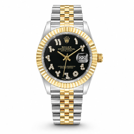 Two-tone Rolex watch with black dial and diamond accents on a white background