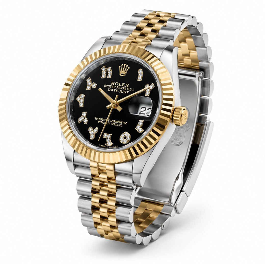 Luxury watch with black dial, gold and silver metal band on white background