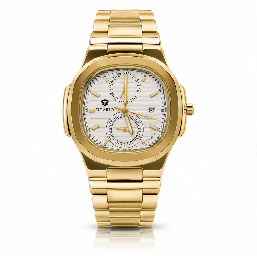Gold wristwatch with a white face on a white background